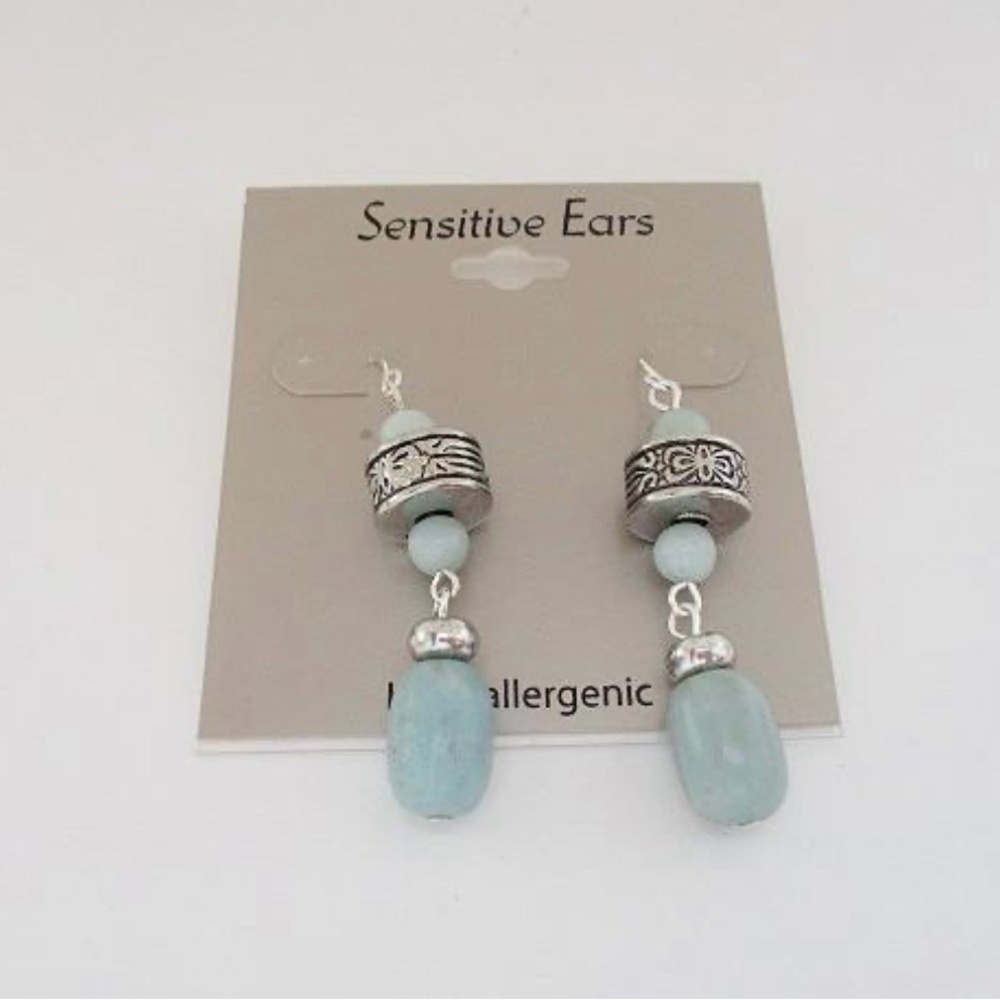 Hypoallergenic Beaded Drop Earrings Aqua Silver Tone Sensitive Ears